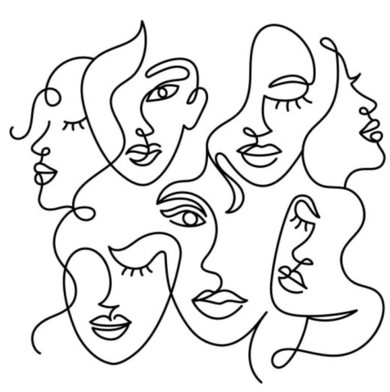 Foto-zeigt-gezeichnete-abstrakte-Linienzeichnung-mehrerer-Gesichter-als-Symbol-für-unterschiedliche-Perspektiven-und-Zusammenarbeit