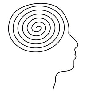 Foto-zeigt-Strichzeichnung-einer-Kopf-Silhouette-mit-spiralförmigem-Muster-als-Symbol-für-geordnete-Gedanken,-Reflexion-und-innere-Klarheit